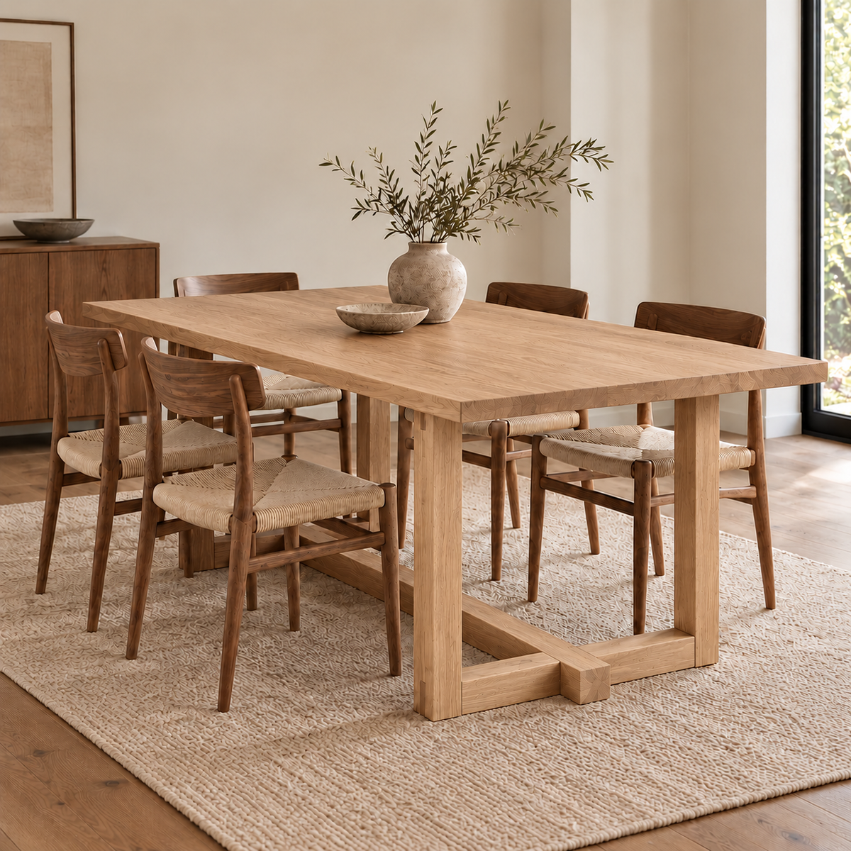 The 6 person dining table in white oak in a bright dining room, with woven-seat wooden chairs, a ceramic vase of olive branches and a jute rug.