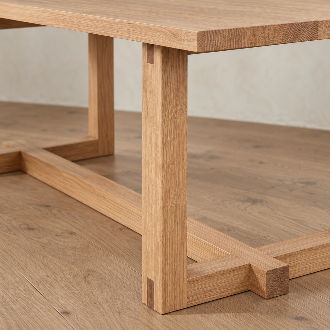 Close-up of a 6 person dining table in white oak, a handcrafted, rectangular piece featuring a trestle base with exposed joinery.