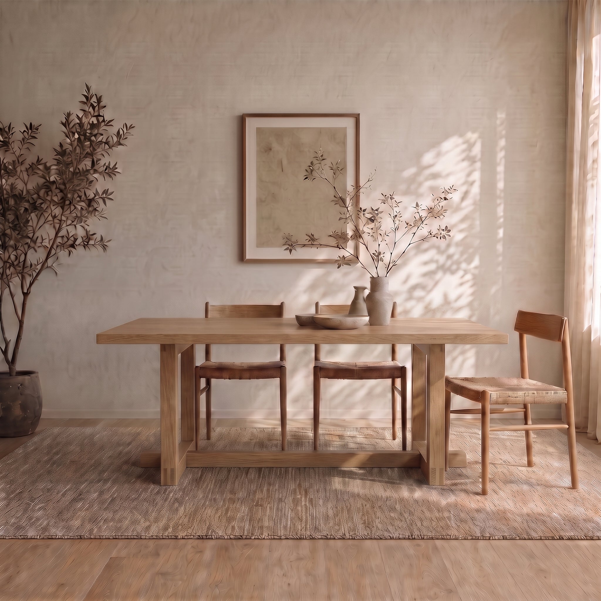 A minimalist dining room featuring a 6 person dining table in white oak, three chairs, neutral wall art, a large potted plant, and sunlight casting soft shadows on the textured wall and light rug—a serene Vancouver retreat.