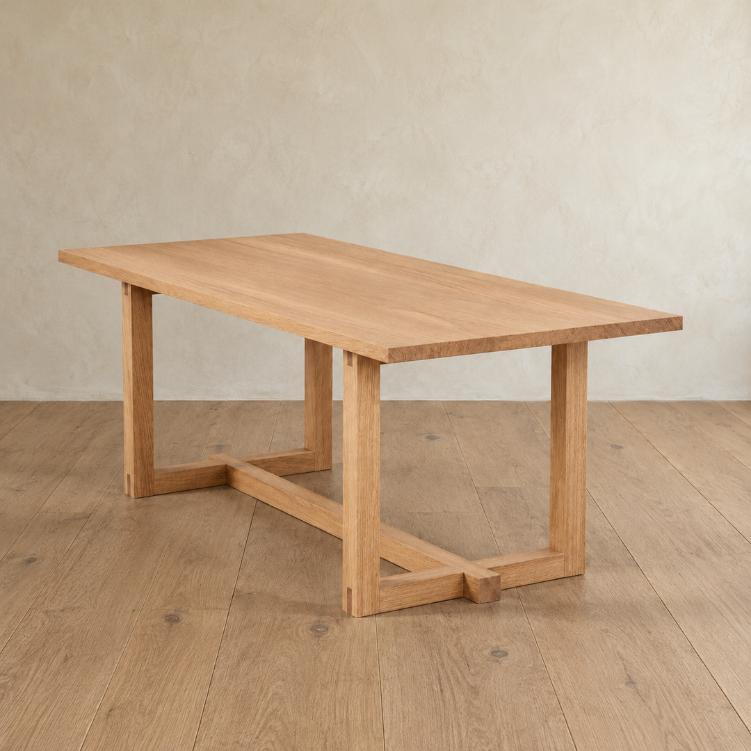 Rectangular solid white oak 6 person dining table with a trestle base.