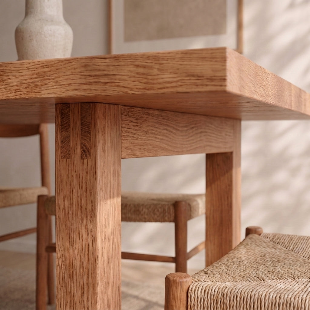 Close-up of a handcrafted 6 person dining table in red oak and matching chairs in a sunlit room, highlighting the natural wood grain of the solid red oak tabletop and the woven seat detail on each chair—perfect for gatherings.