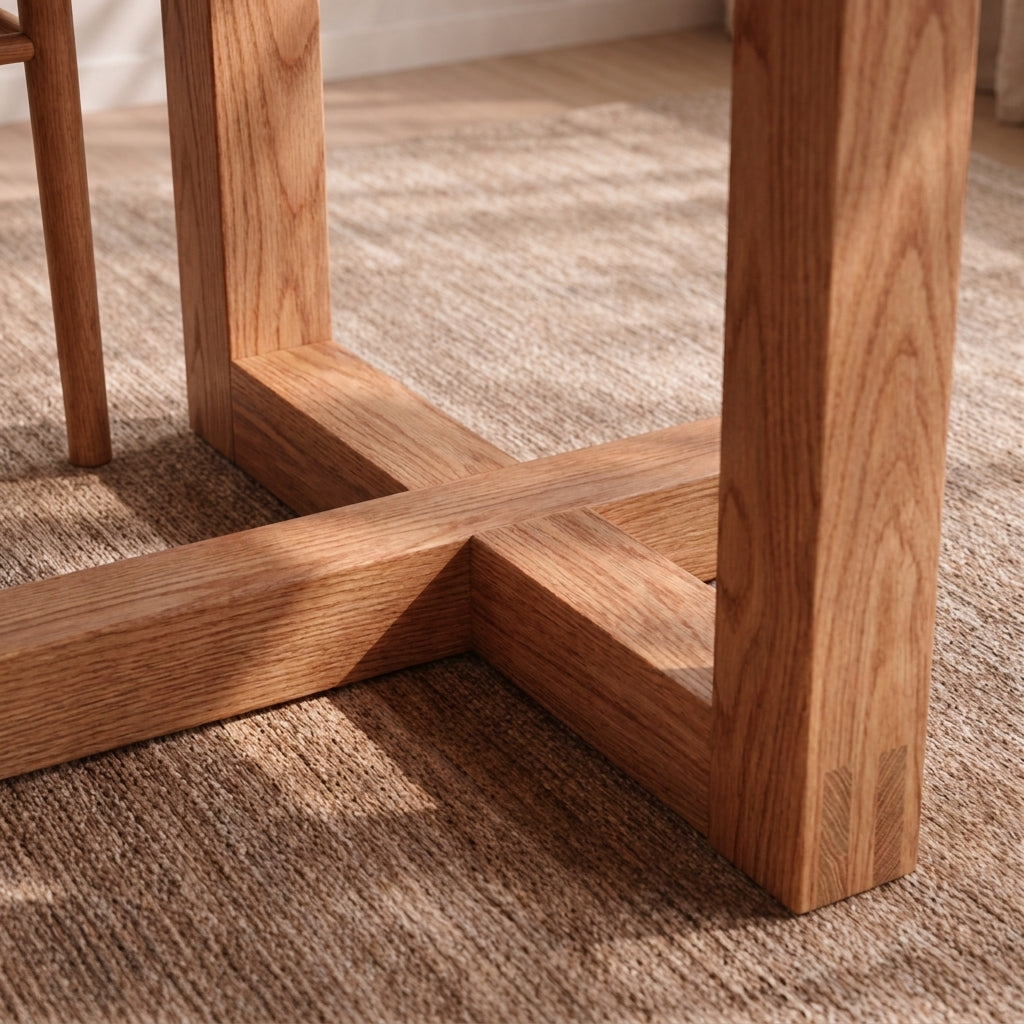 Close-up of the wooden legs and base of the 6 person dining table in red oak on a textured, beige carpet. Sunlight casts soft shadows, highlighting the natural grain and finish of the solid red oak wood.
