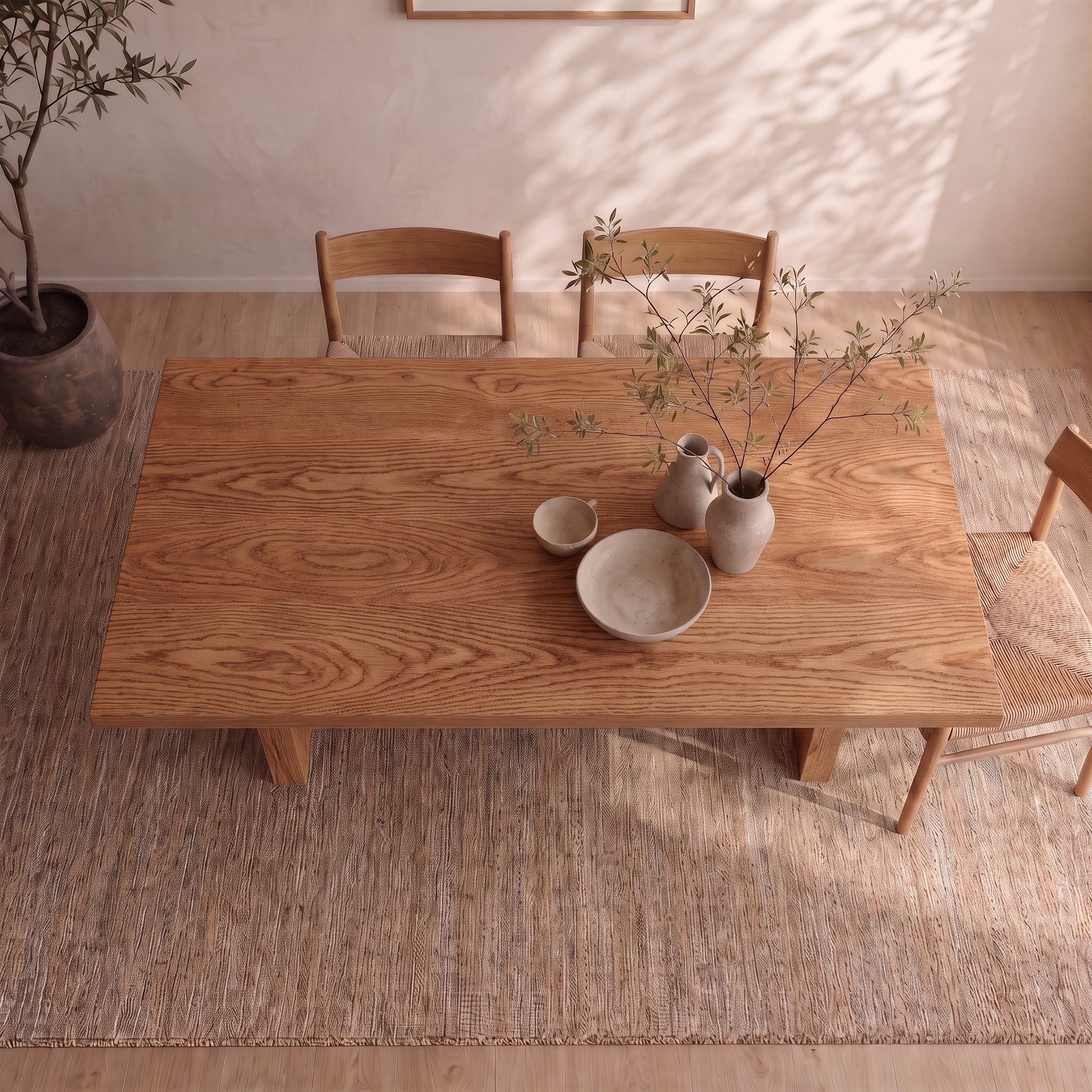 A 6 person dining table in red oak is paired with three chairs and rests on a woven rug. Ceramic dishes and minimalist vases with branches decorate the tabletop, while a potted plant in the corner and soft natural light cast gentle shadows across the space.