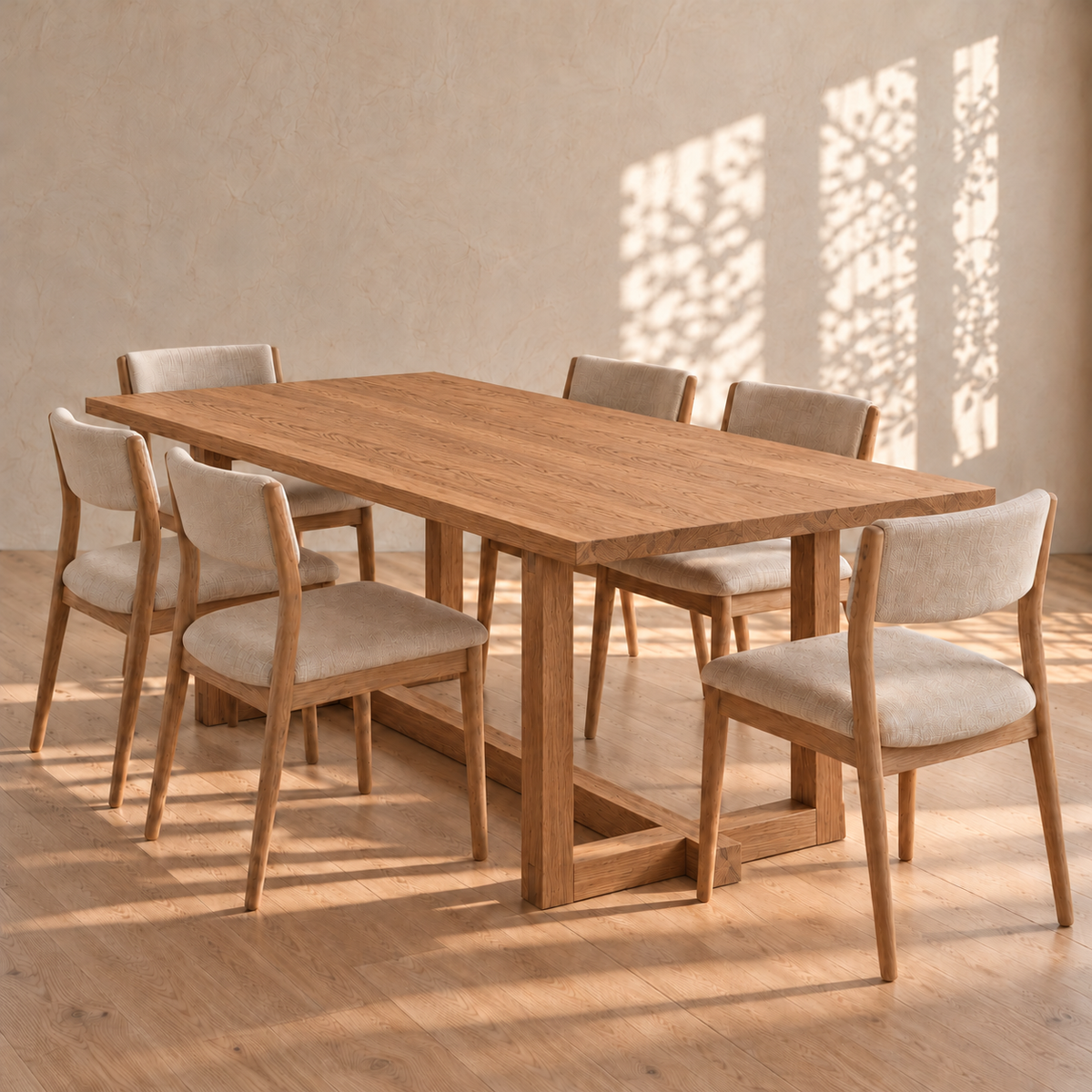 6 person dining table in red oak with a rectangular top and six chairs upholstered in light fabric.