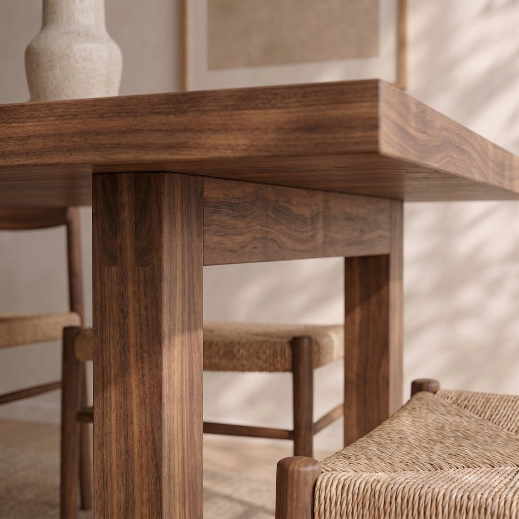 Close-up of the 6 person dining table in walnut, featuring square legs and accompanied by a woven seat chair. Sunlight casts soft shadows on the floor and walls, creating a warm, inviting atmosphere around this solid walnut dining table.