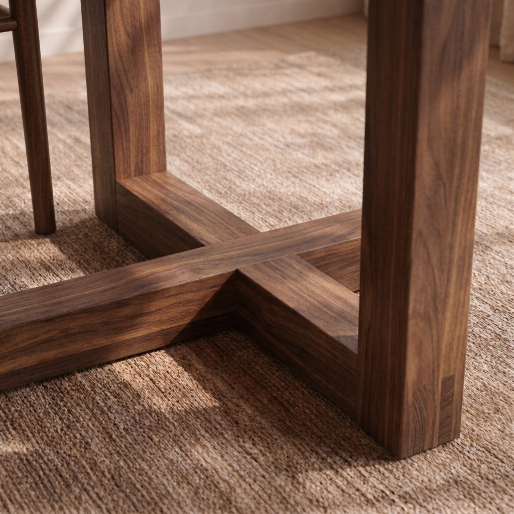 Close-up of the 6 person dining table in walnut, highlighting its solid leg with an intersecting cross base set on a textured beige carpet, as sunlight casts soft shadows across the floor.