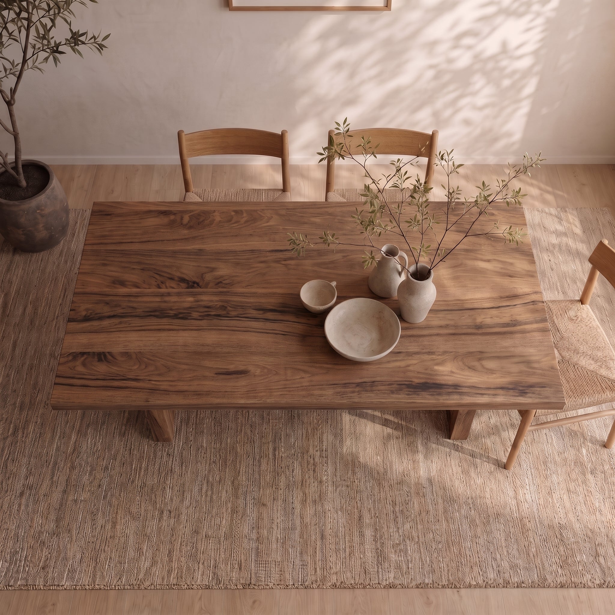 A 6 person dining table in walnut serves as the centerpiece, complemented by a woven rug underneath. Ceramic bowls and vases with branches adorn the tabletop, infusing natural elegance into the scene. Soft natural light filters in, while a potted plant adds greenery nearby.