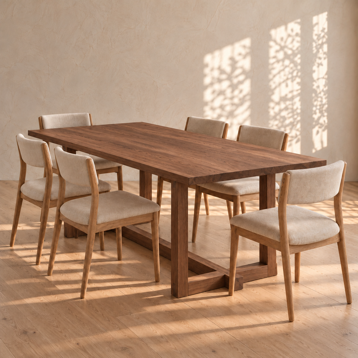 A rectangular 6 person dining table in walnut with six upholstered chairs.