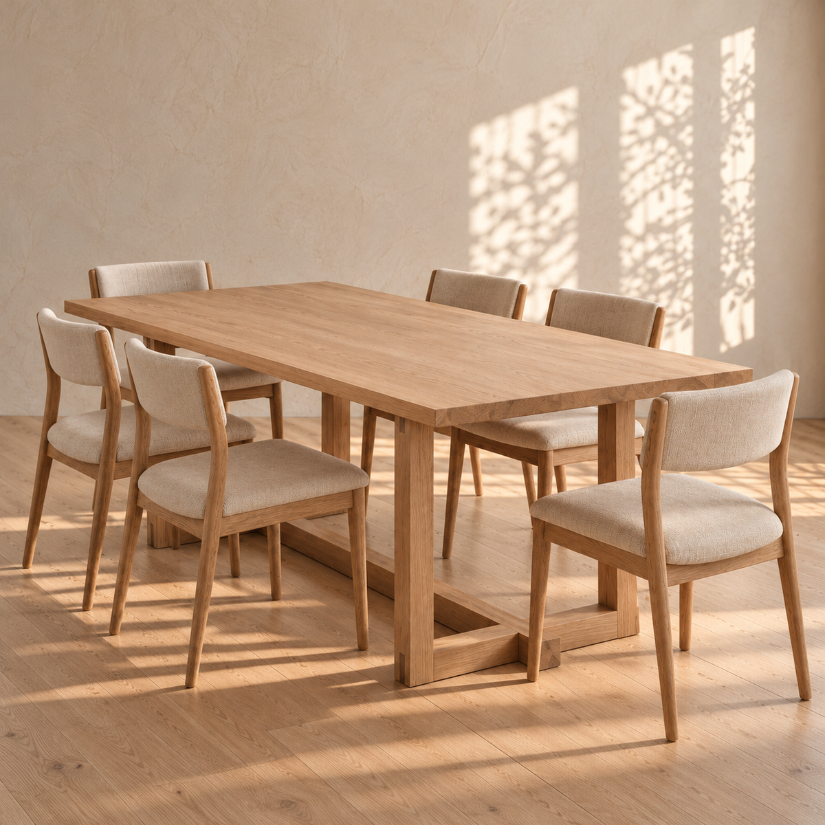 6 person dining table in white oak with six chairs upholstered in light-colored fabric.