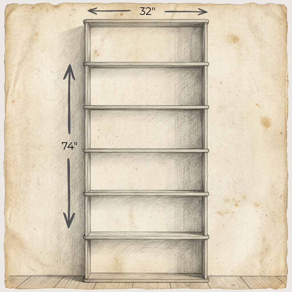 A handmade 6-shelf red oak bookcase, measuring 74" high and 32" wide, stands against a wall with a vintage stained paper background.