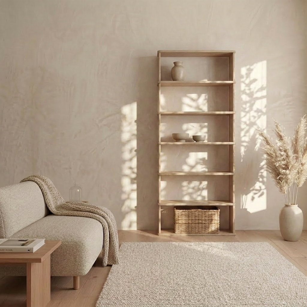 A minimalist living room with a beige sofa, wooden coffee table, woven rug, and a 6 shelf bookcase in white oak displaying vases and a basket. Sunlight casts leaf shadows on the wall beside a vase of pampas grass.