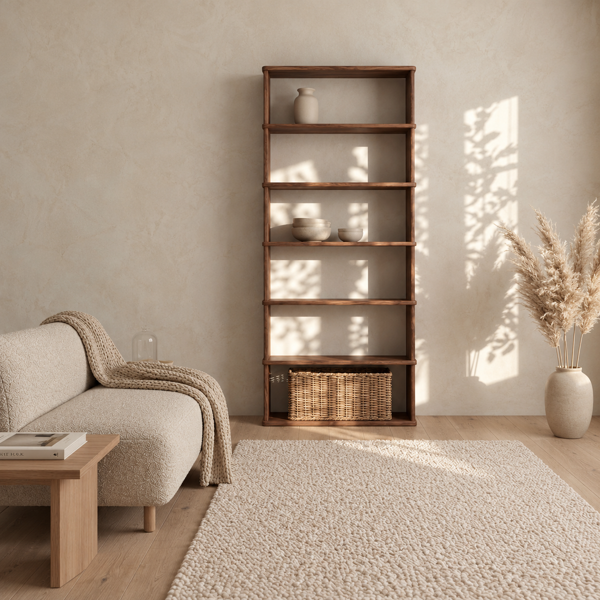The 6 shelf bookcase in walnut beside a cream sofa in a bright living room, with a vase, bowls and a woven basket on its shelves and a vase of pampas grass beside it.