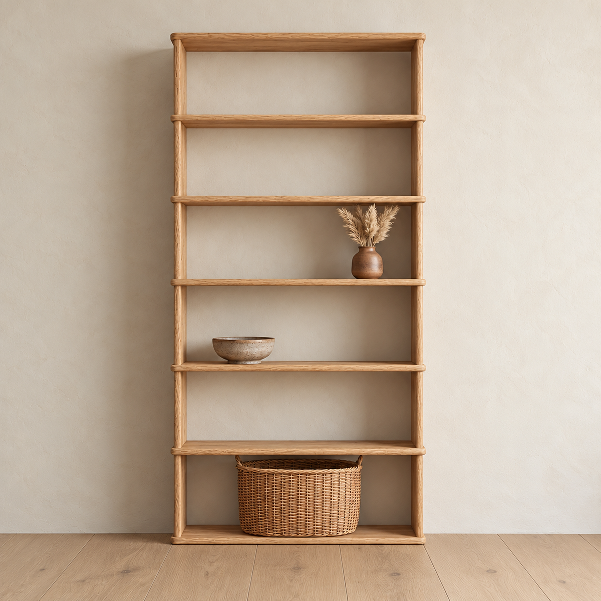 The 6 shelf bookcase in white oak against a plaster wall, with a vase of dried grass, a ceramic bowl and a woven basket on its shelves.