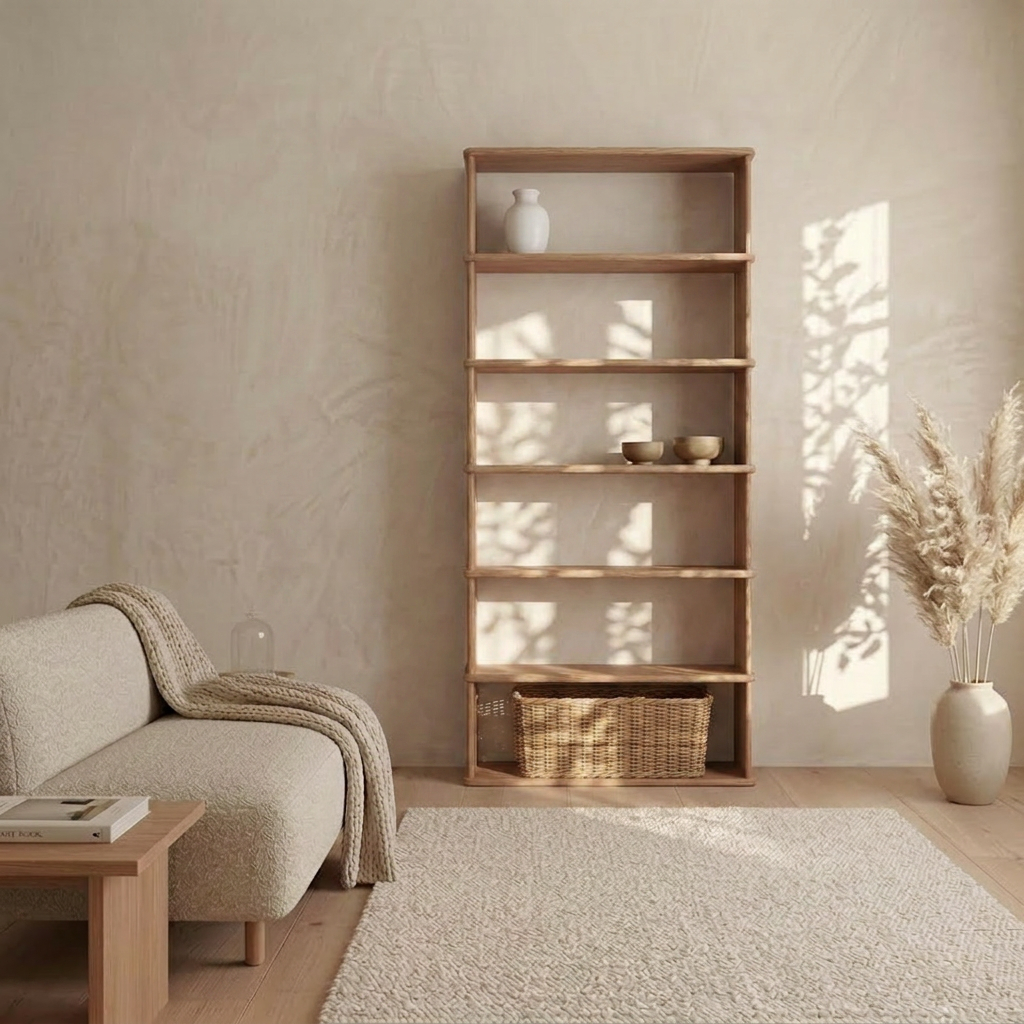 Minimalist living room with a beige sofa, wooden coffee table, textured rug, tall 6 shelf bookcase in red oak holding dishes and a basket, dried pampas grass in a vase, and sunlight casting shadows on the wall.