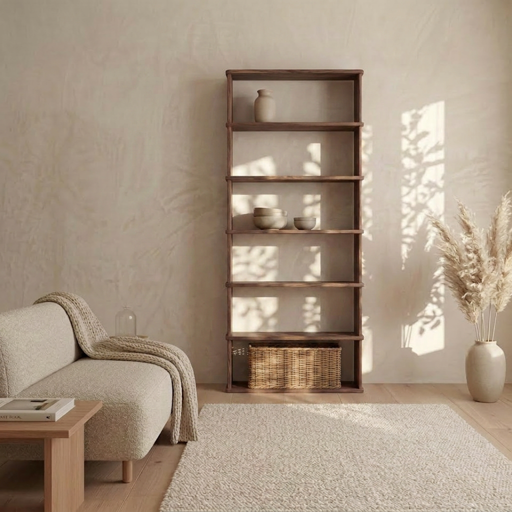 Minimalist living room with a beige sofa, wooden coffee table, textured rug, and a 6 shelf bookcase in walnut displaying ceramics and a basket. Dried pampas grass in a vase casts soft shadows on the neutral walls in sunlight.
