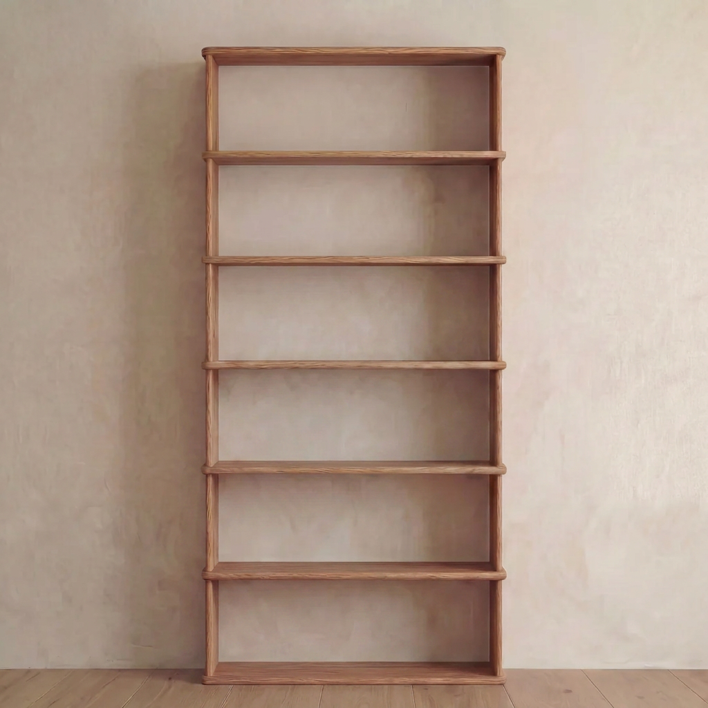 A 6 shelf bookcase in red oak stands empty against a plain beige wall on a wooden floor.
