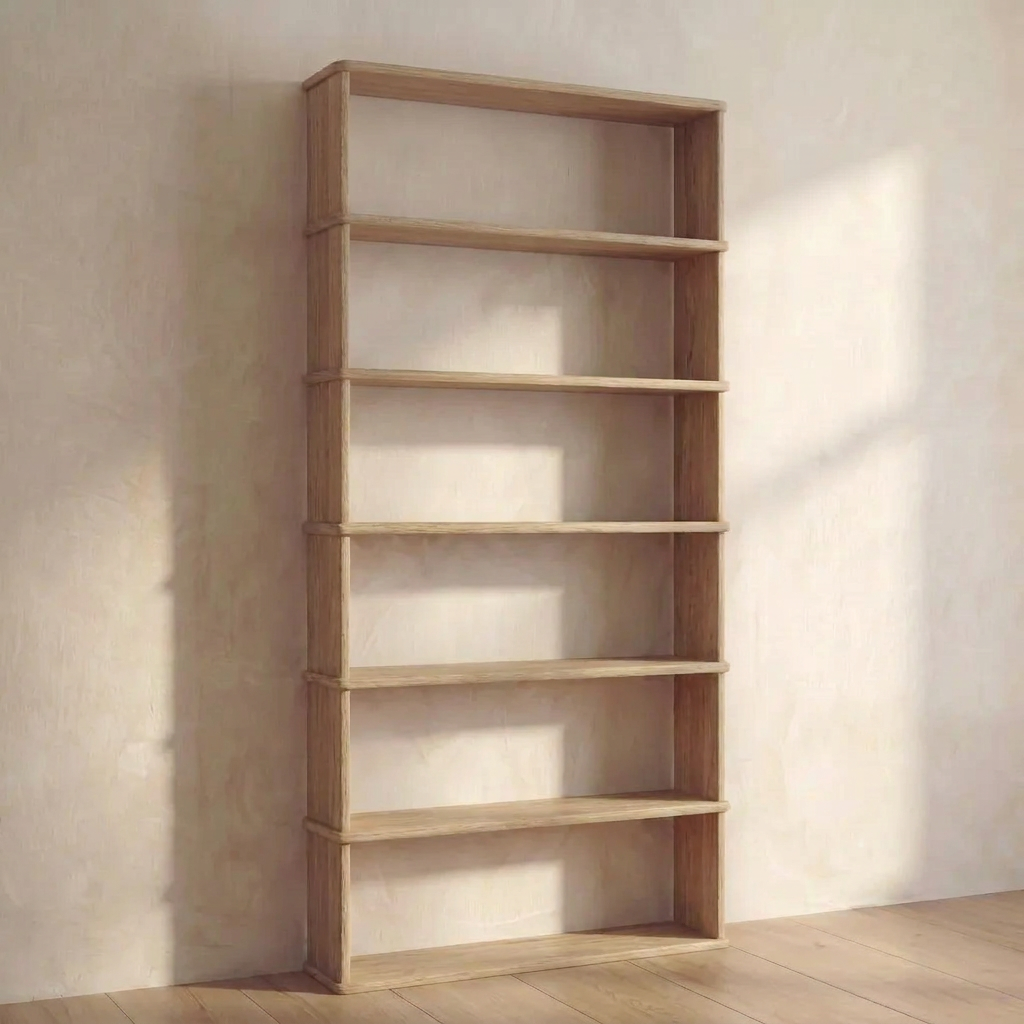 The 6 shelf bookcase in white oak stands empty against a light wall on a wooden floor, bathed in sunlight from the right.