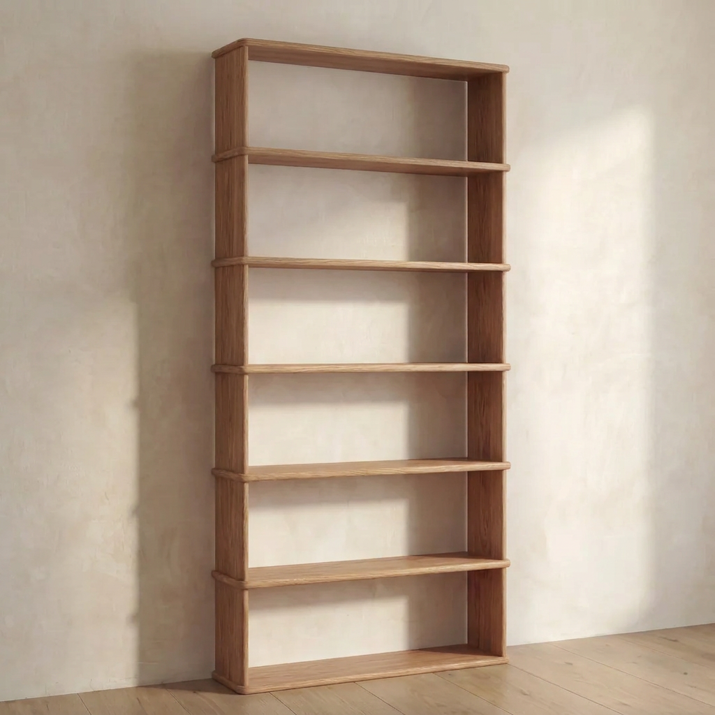 A tall, empty 6 shelf bookcase in red oak stands against a light-colored wall on a wooden floor, blending seamlessly with the decor.