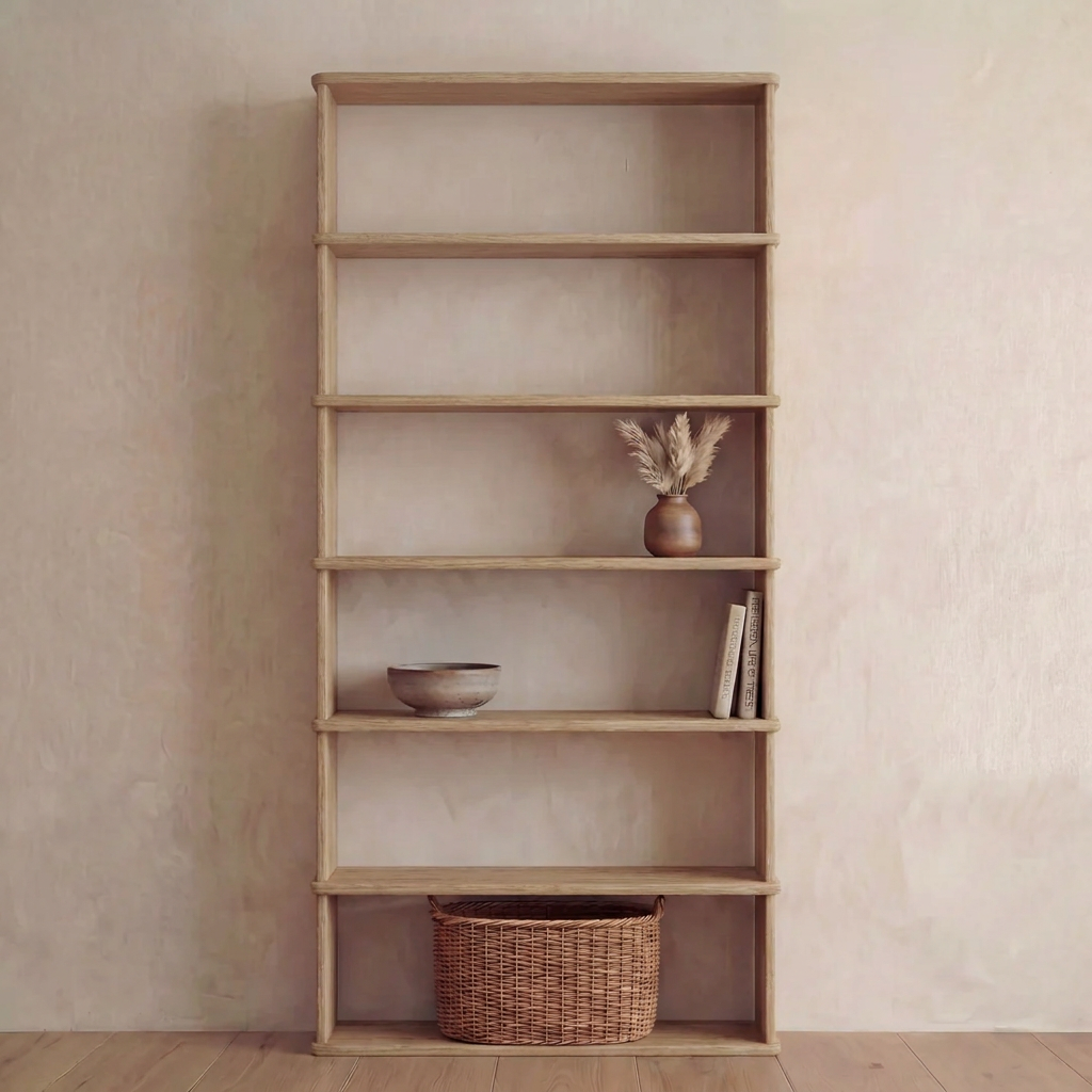 A 6 shelf bookcase in white oak displays a dried flower arrangement in a vase, a ceramic bowl, books, and a woven basket on the bottom shelf, all set against a beige wall.