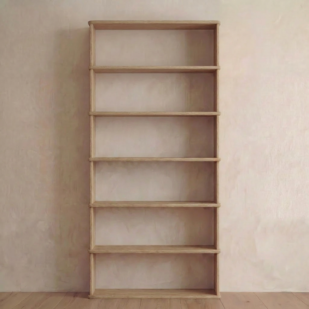 A 6 shelf bookcase in white oak stands empty against a plain beige wall on a wooden floor.