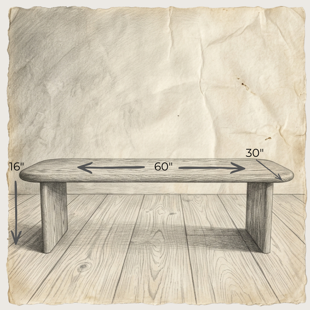 A pencil sketch displays the 60 inch coffee table in walnut, measuring 60" L x 30" D x 16" H. Drawn on aged, wrinkled paper with torn edges, it evokes a vintage design and sits on a wood floor to highlight its handmade elegance.