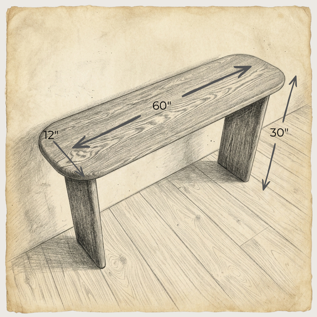 A minimalist 60 inch console table in red oak with a rectangular seat, rounded edges, and two thick legs, measuring 60"W x 12"D x 30"H, set against a wall.