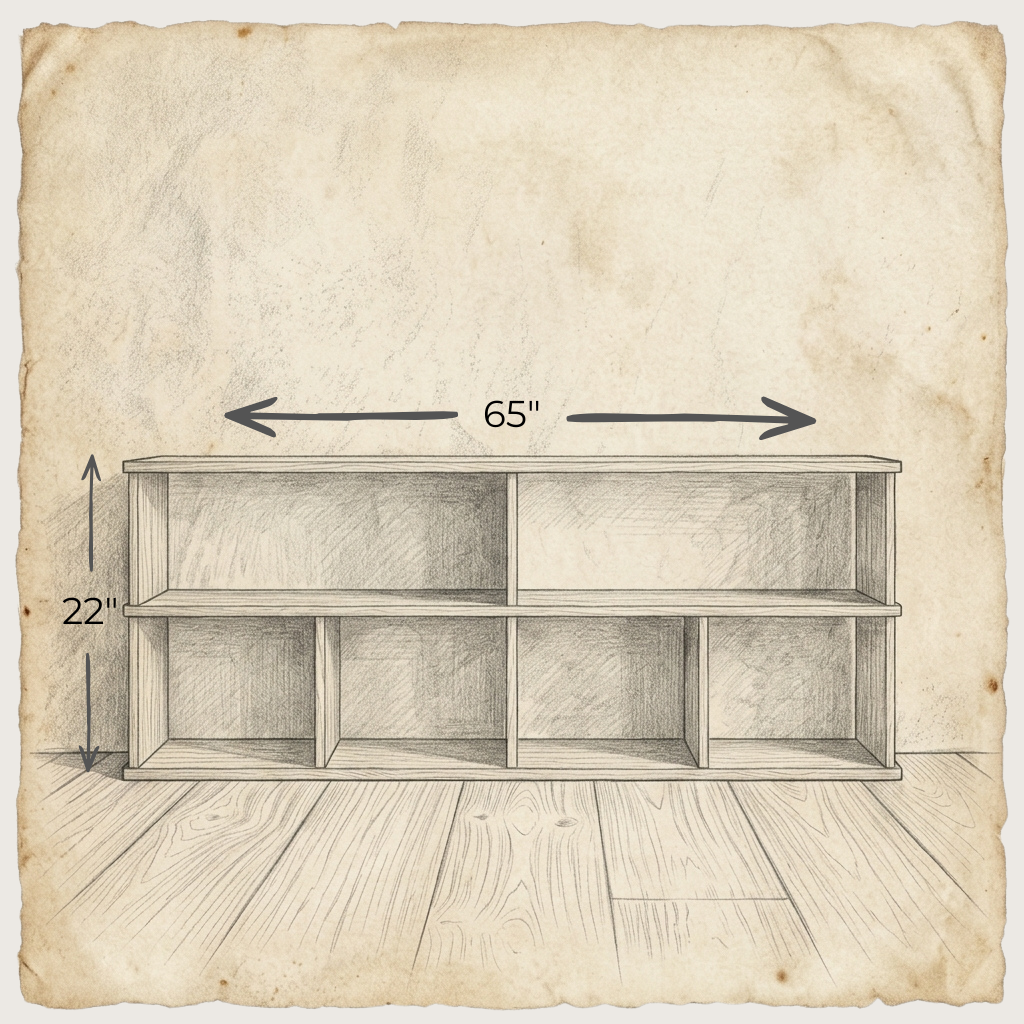 A sketch of the 65 inch bookshelf TV stand in white oak, with six compartments, sits on a wooden floor. The hand-drawn design shows its 65" width and 22" height on textured paper with labeled arrows for dimensions.