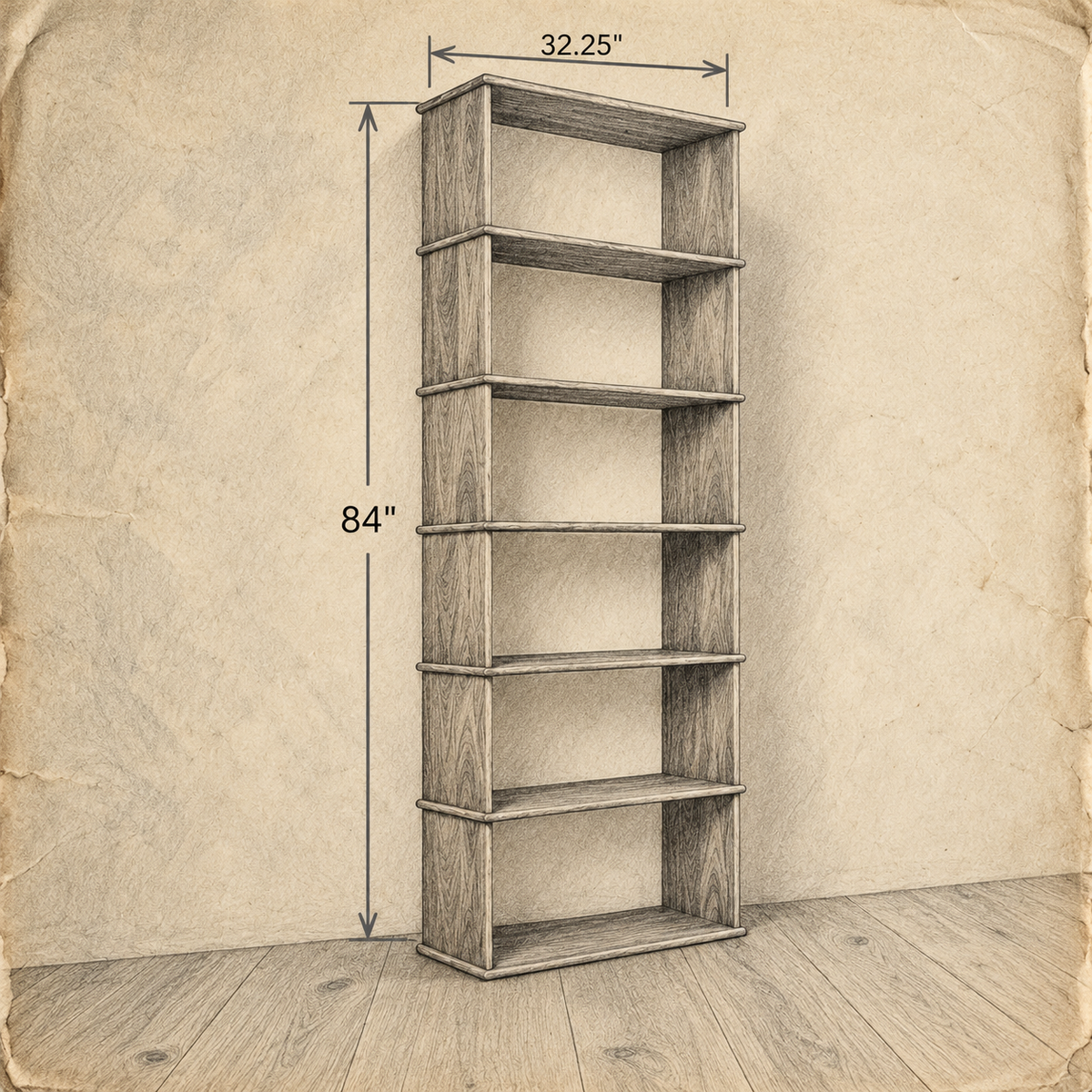 Pencil drawing of the 1 column 7 foot tall bookcase with dimensions: 32.25 in wide and 84 in high.