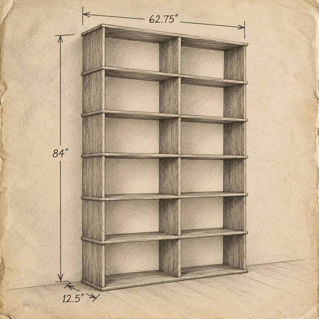 Pencil drawing of the 2 column 7 foot tall bookcase with dimensions: 62.75 in wide, 84 in high and 12.5 in deep.