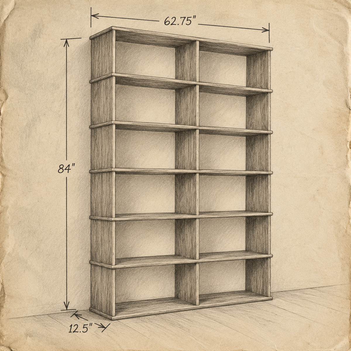 Pencil drawing of the 2 column 7 foot tall bookcase with dimensions: 62.75 in wide, 84 in high and 12.5 in deep.