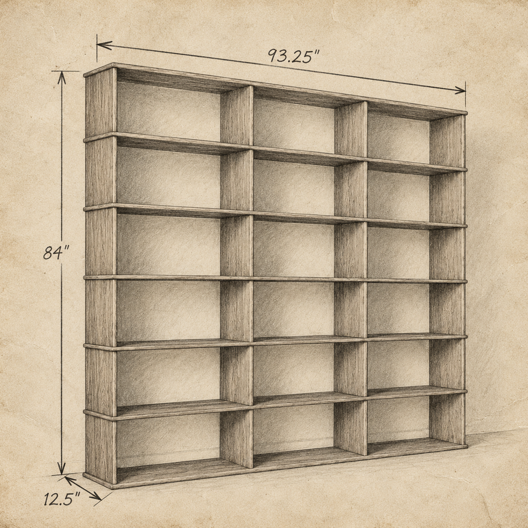 Pencil drawing of the 3 column 7 foot tall bookcase with dimensions: 93.25 in wide, 84 in high and 12.5 in deep.
