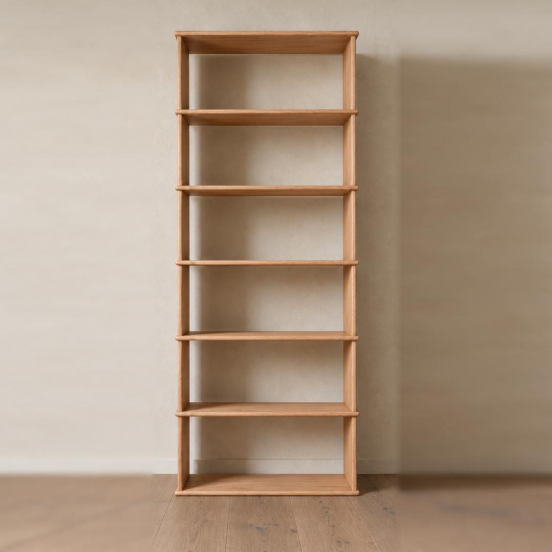 Front view of the empty 7 foot tall bookcase in red oak, 1 column wide, with six open shelves.