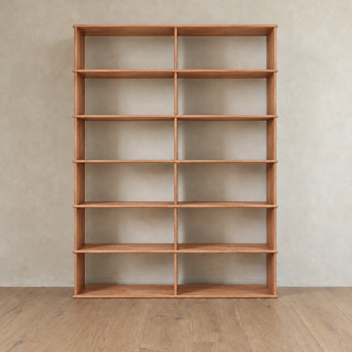 Front view of the empty 7 foot tall bookcase in red oak, 2 columns wide.