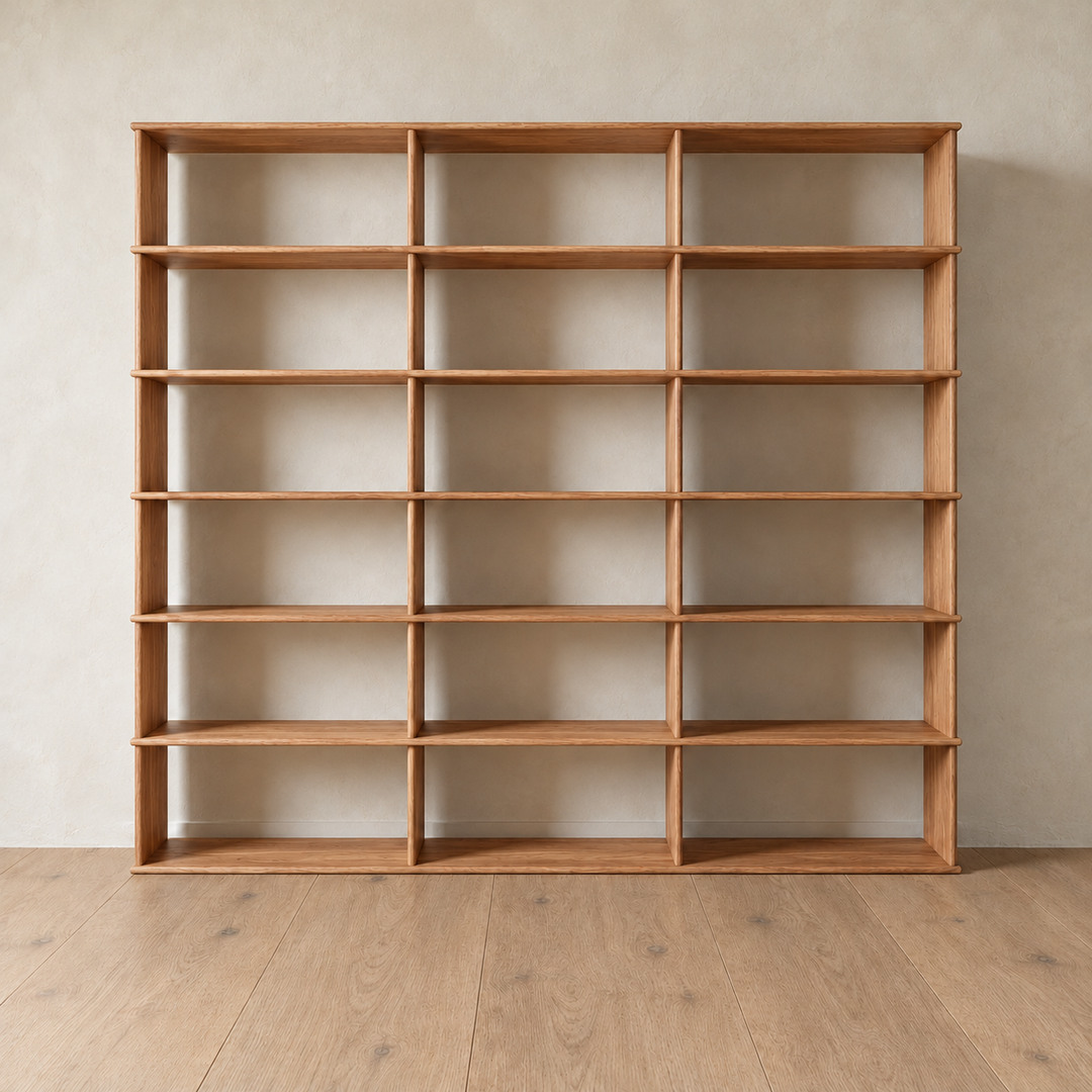 Front view of the empty 7 foot tall bookcase in red oak, 3 columns wide.