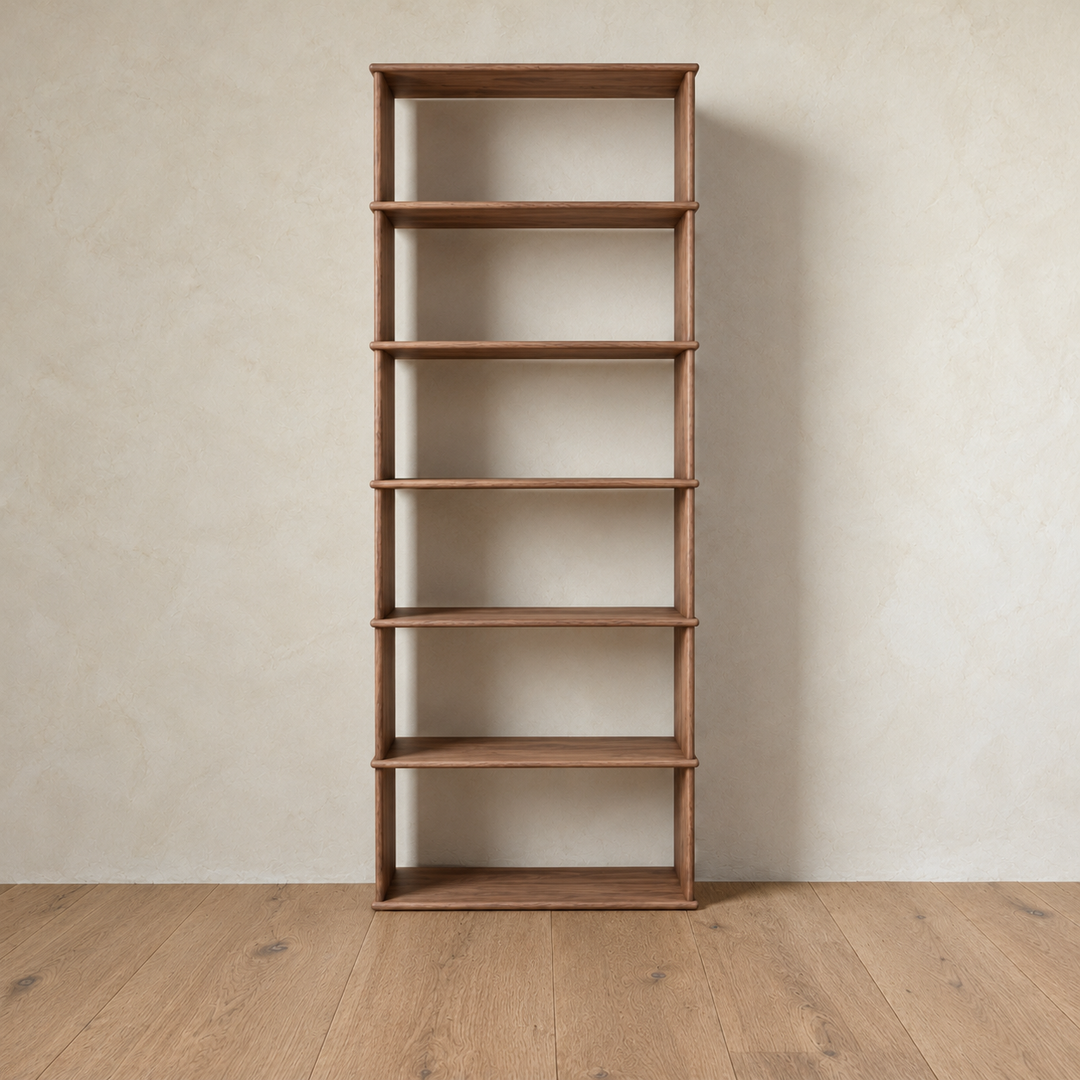 Front view of the empty 7 foot tall bookcase in walnut, 1 column wide, with six open shelves.