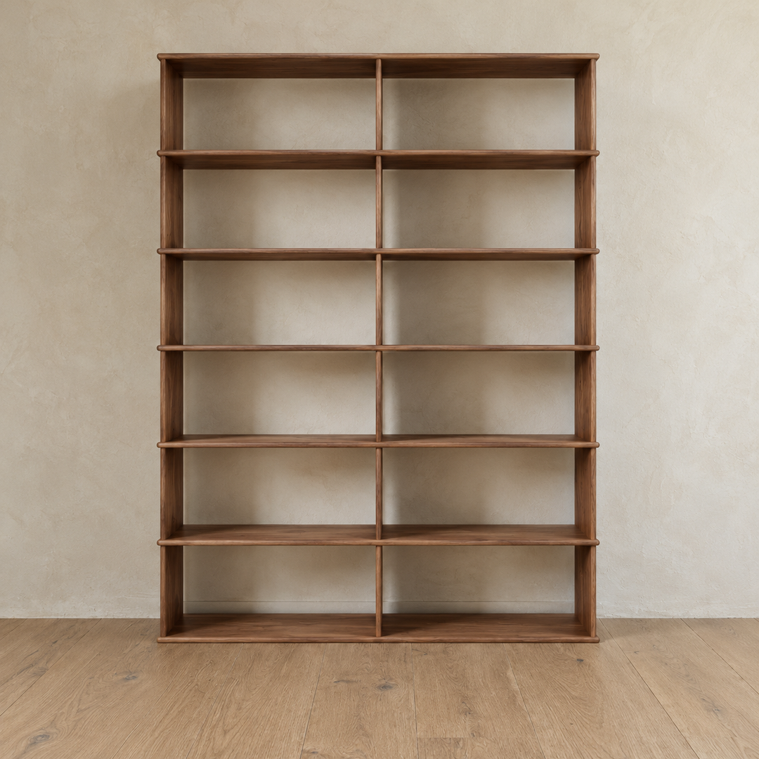 Front view of the empty 7 foot tall bookcase in walnut, 2 columns wide.