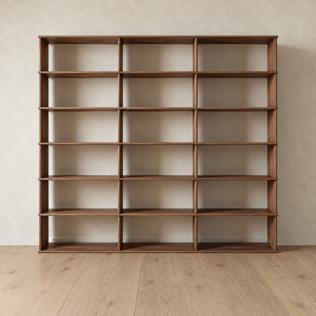 Front view of the empty 7 foot tall bookcase in walnut, 3 columns wide.