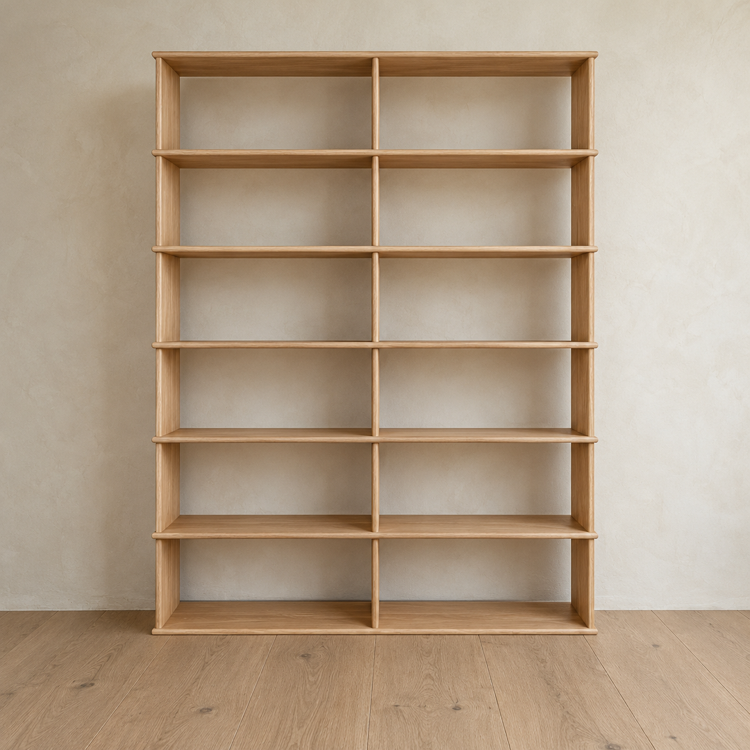 Front view of the empty 7 foot tall bookcase in white oak, 2 columns wide.