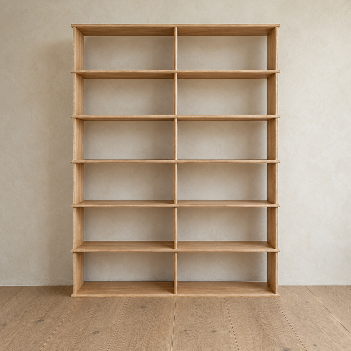 Front view of the empty 7 foot tall bookcase in white oak, 2 columns wide.