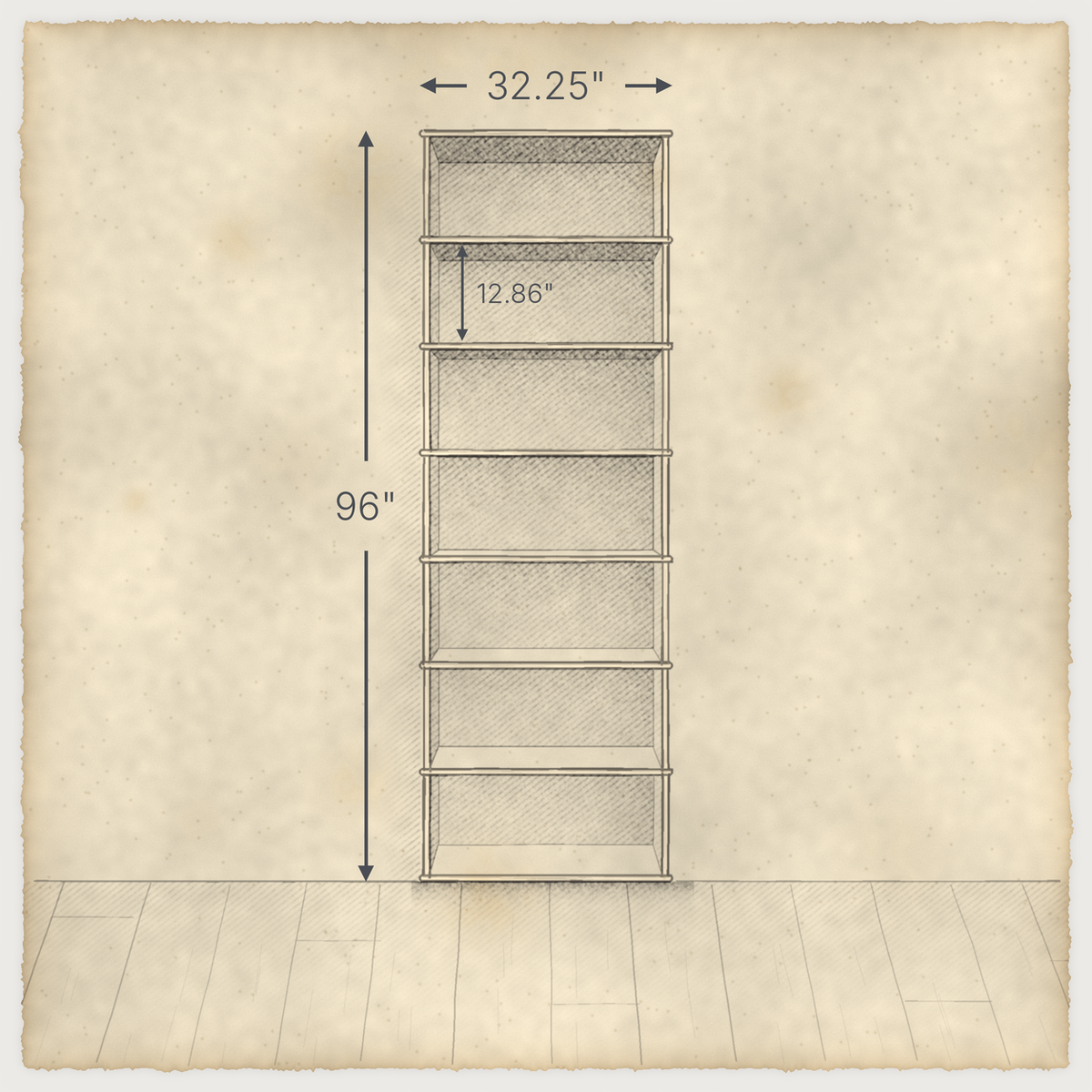 Pencil drawing of the 1 column 8 foot tall bookcase with dimensions: 32.25 in wide and 96 in high, with 12.86 in shelf openings.