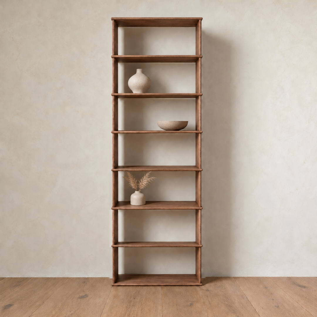 The 1 column 8 foot tall bookcase in walnut styled with a ceramic vase, a bowl and dried grass.