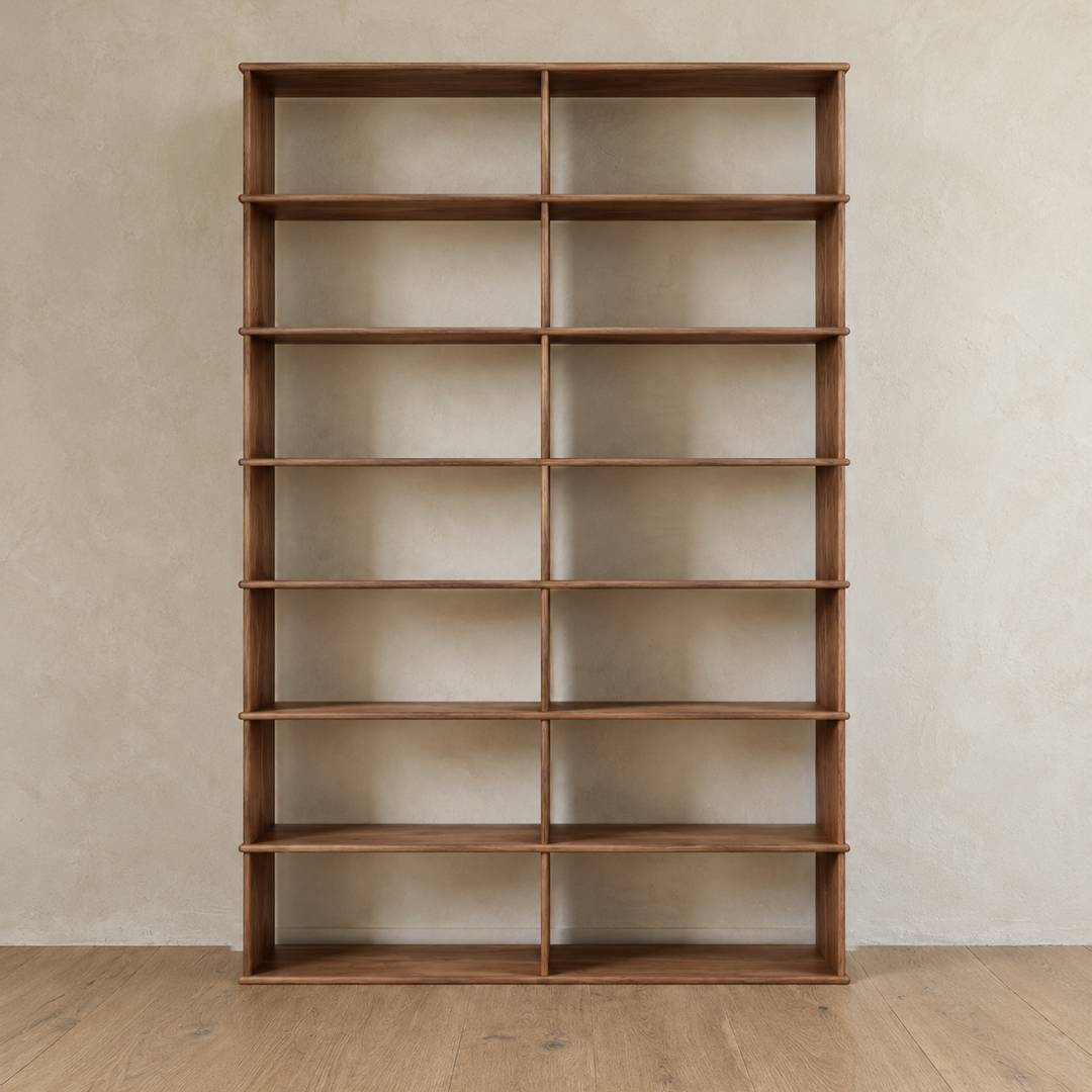 Front view of the empty 8 foot tall bookcase in walnut, 2 columns wide.