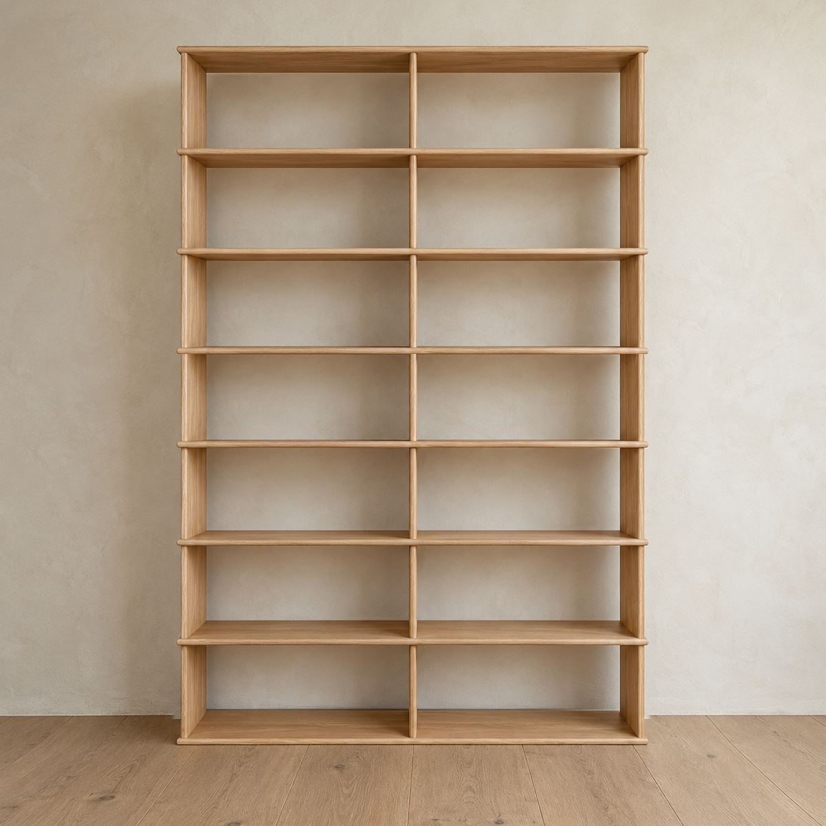 Front view of the empty 8 foot tall bookcase in white oak, 2 columns wide.