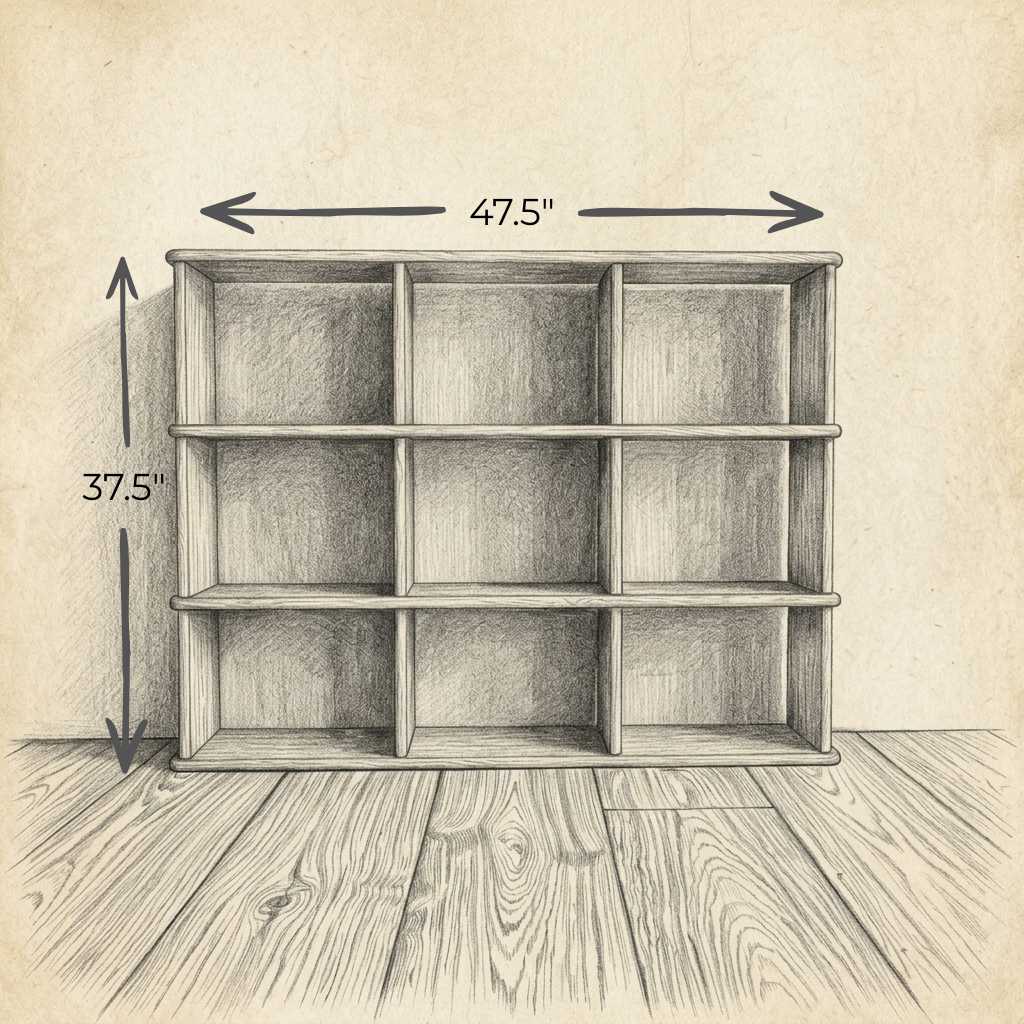 A pencil sketch of the Nine cube bookshelf in white oak on a wooden floor, with arrows indicating its dimensions: 47.5 inches wide and 37.5 inches tall.