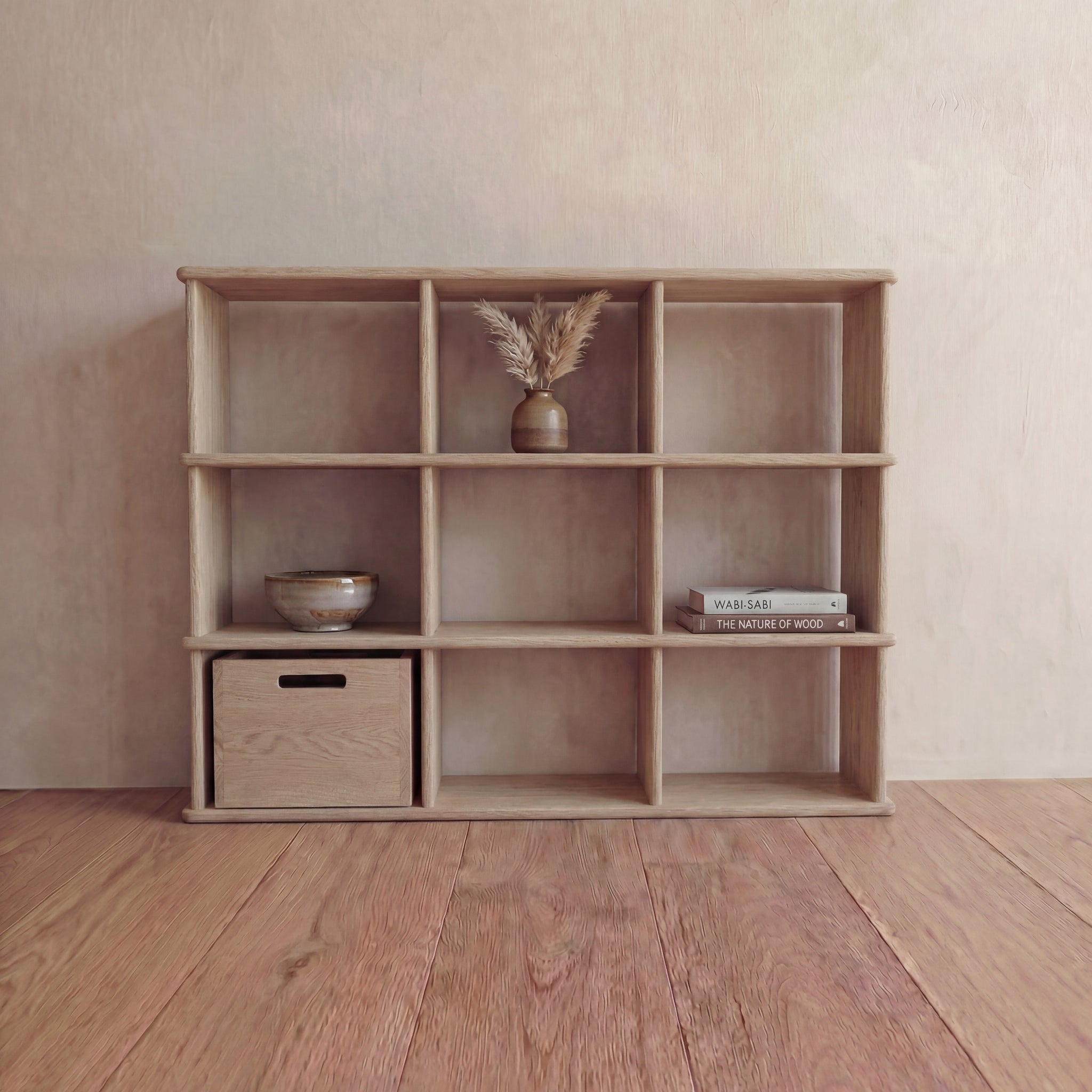 9 cube white oak bookcase