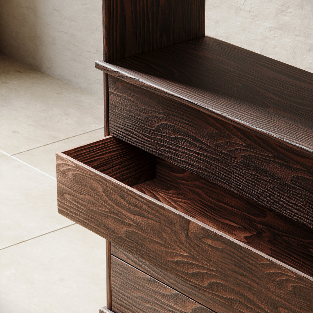 Bookshelf with drawers inside view