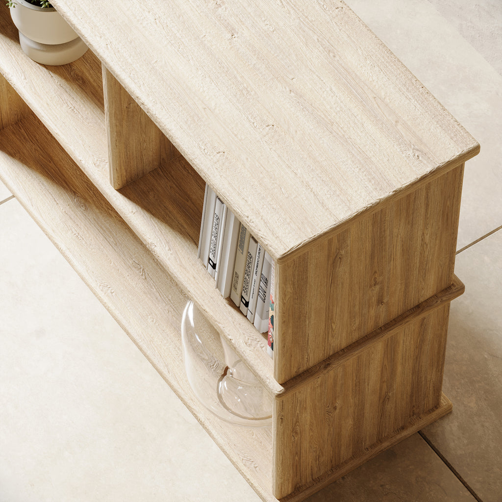 Console bookcase in white oak top view