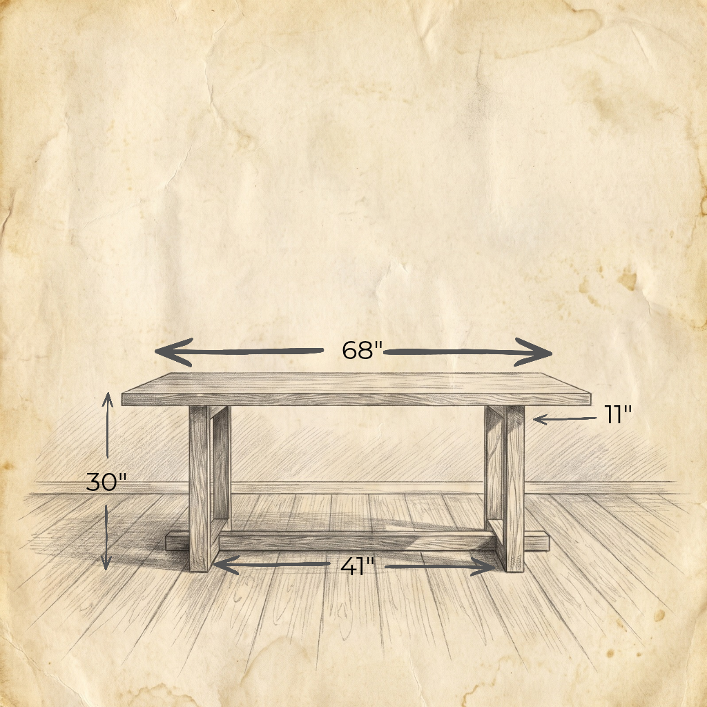 A sketch of the 6 person dining table in white oak, handcrafted and measuring 68 inches wide, 41 inches between legs, 30 inches tall, with an 11-inch overhang. The table is shown as a spacious option for six diners, set against a vintage textured paper background.