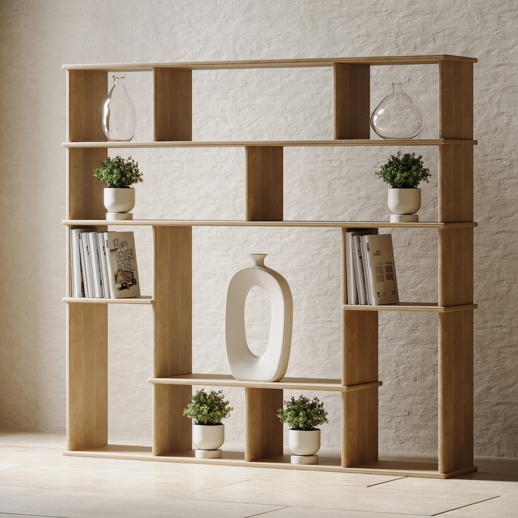 Large geometric white oak bookshelf