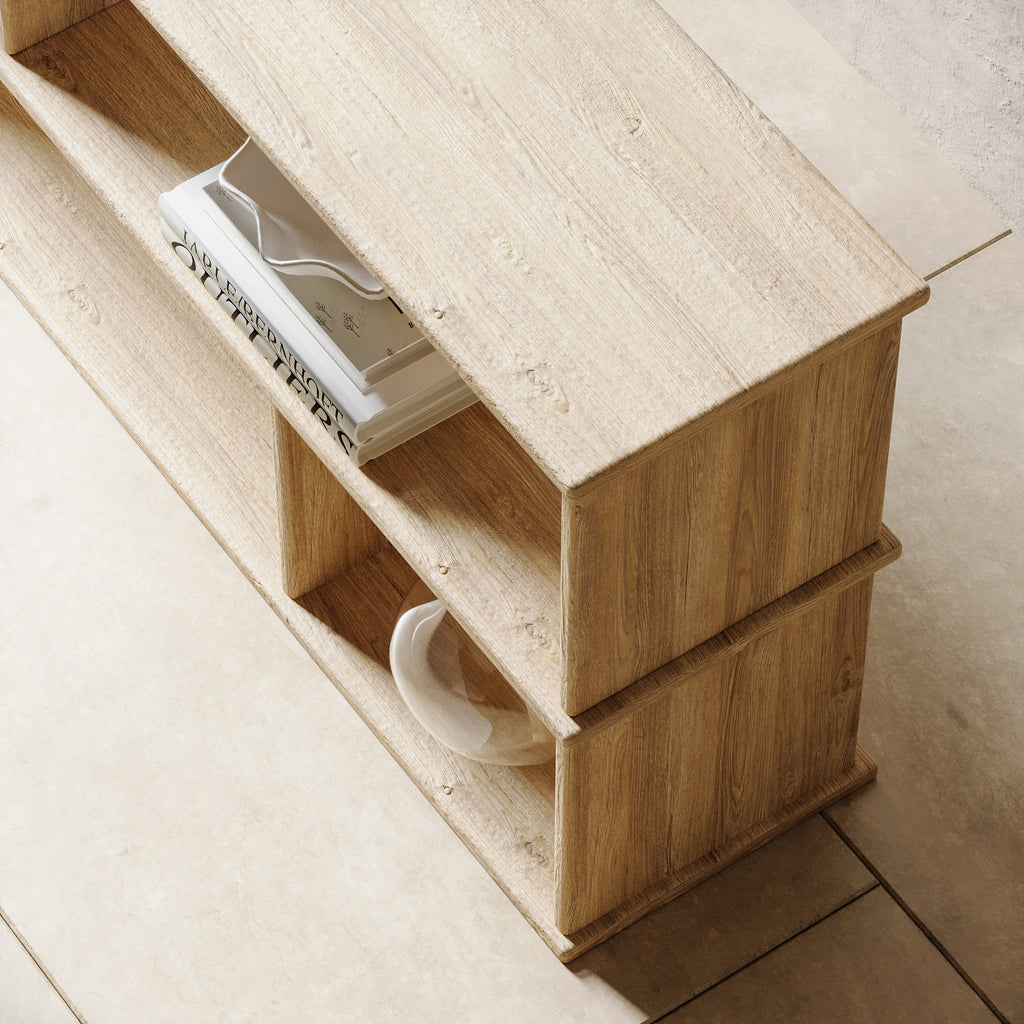 Short white oak bookshelf top view